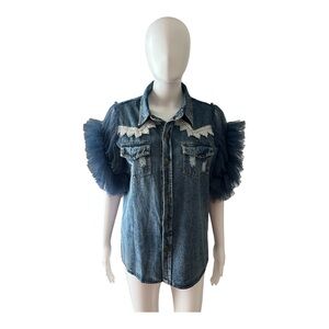 Ma Chérie Ruffle Sleeve Denim Top Size M
